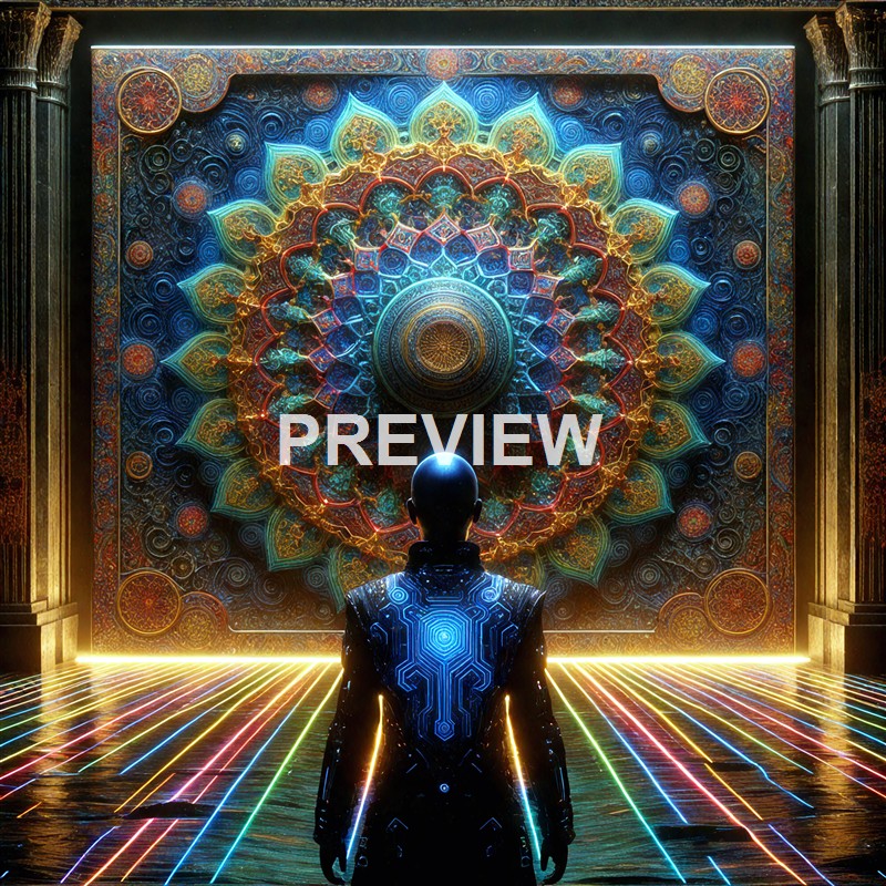 A person with a futuristic appearance stands in front of an elaborate, glowing, and intricate mandala-like artwork that is illuminated with vibrant neon colors, reflecting in a shiny floor.